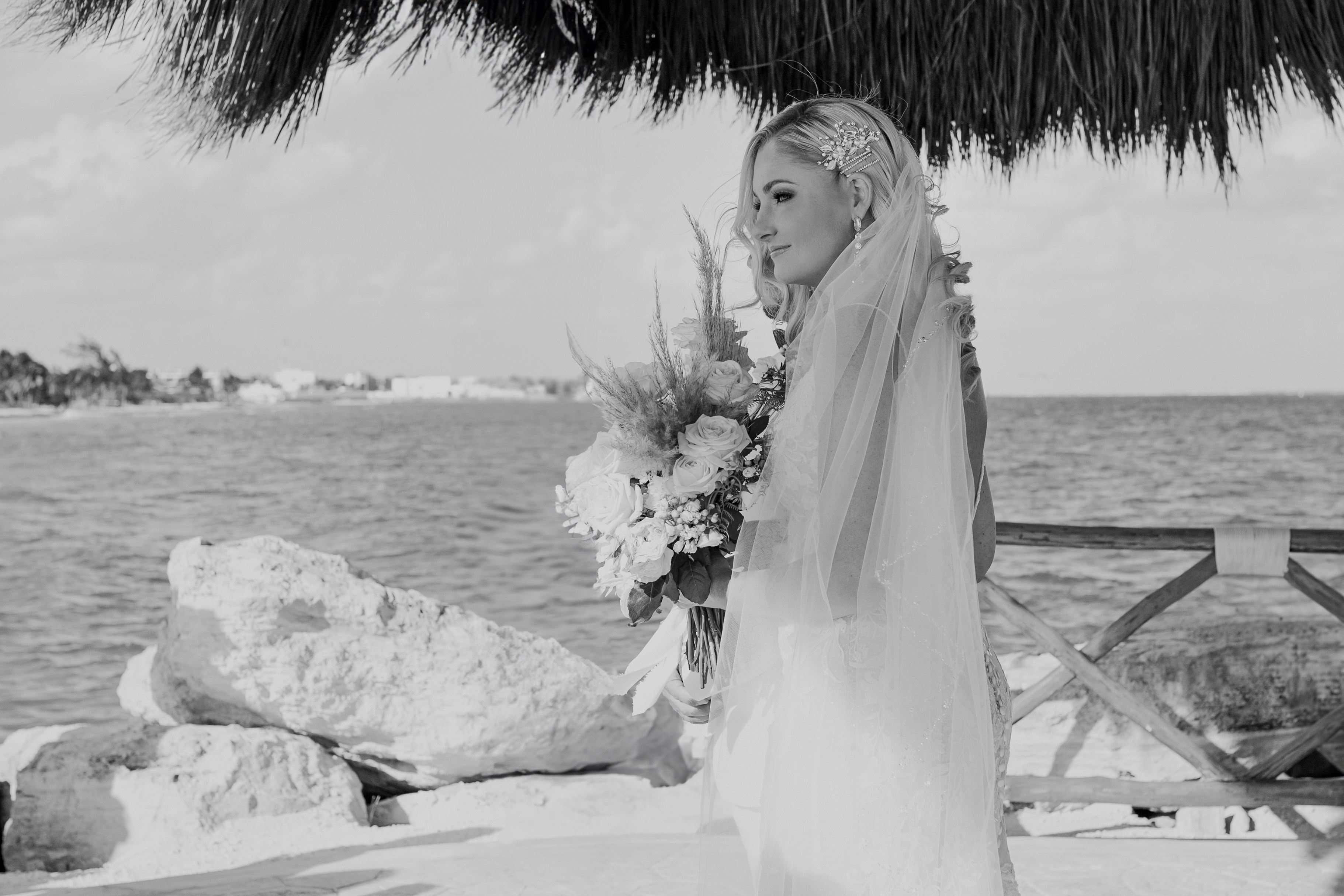 Bride on the Mayakoba beach during the pre-wedding portrait block by IVAE Studios